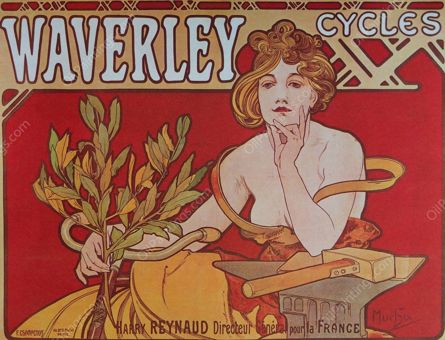 Cycles Waverley Paris  by Alphonse Mucha - Hand-Painted Oil Painting Reproduction