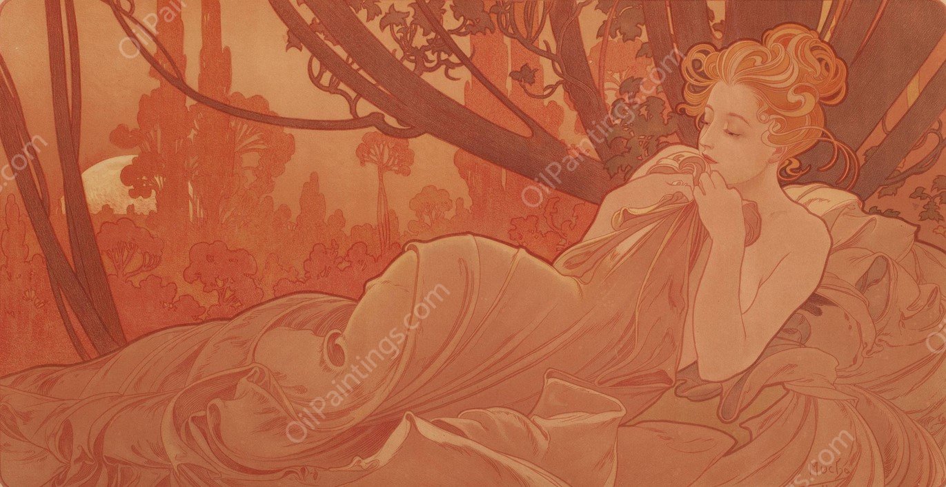 Dawn  by Alphonse Mucha - Hand-Painted Oil Painting Reproduction