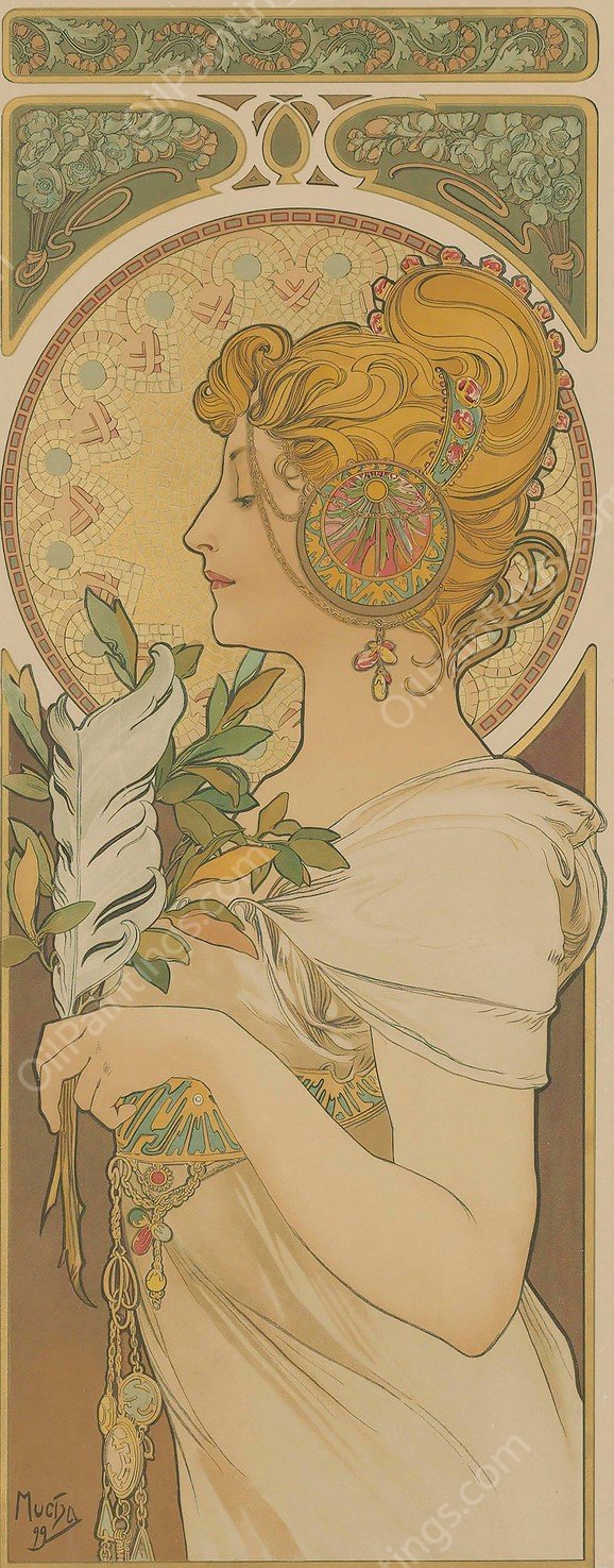 La Plume  by Alphonse Mucha - Hand-Painted Oil Painting Reproduction