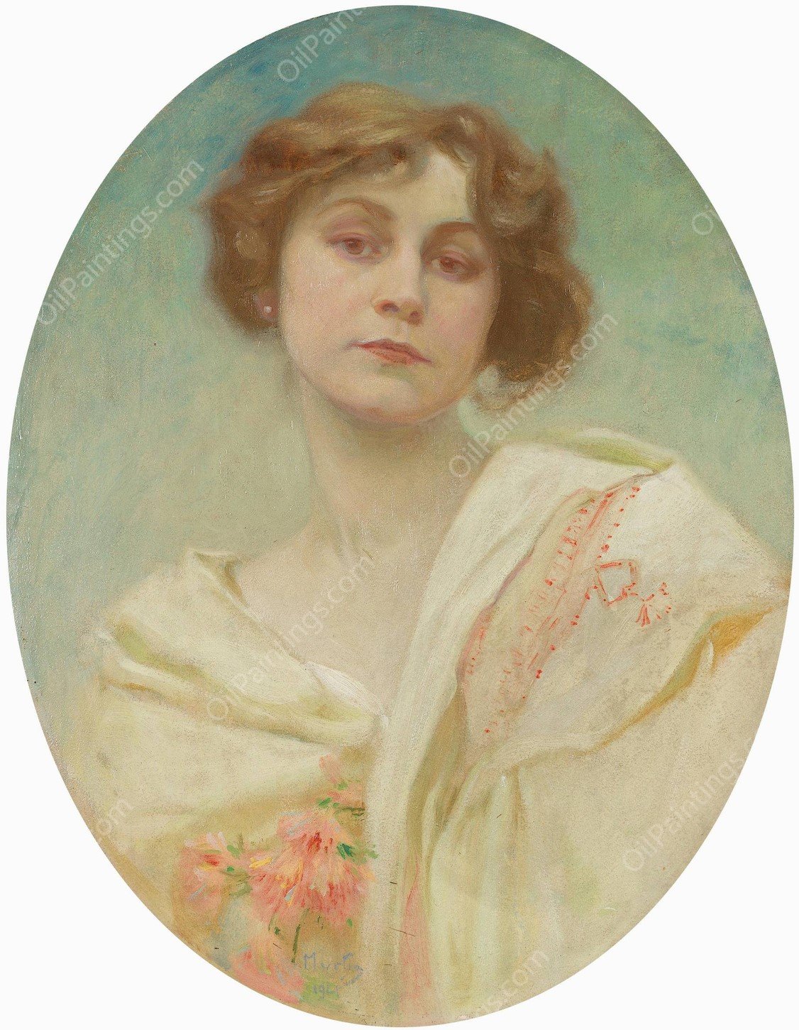 Portrait of a young woman in folk costume  by Alphonse Mucha - Hand-Painted Oil Painting Reproduction