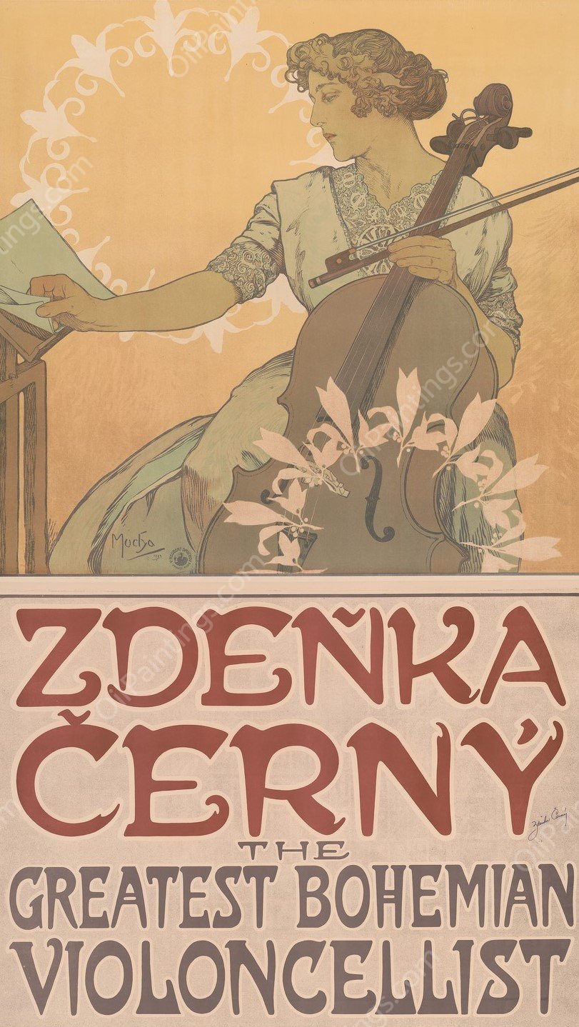 Zdenka cerny The greatest Bohemian violoncellist by Alphonse Mucha - Hand-Painted Oil Painting Reproduction