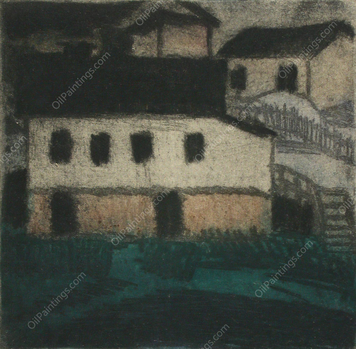 Houses on the beach  by Alvar Cawen - Hand-Painted Oil Painting Reproduction