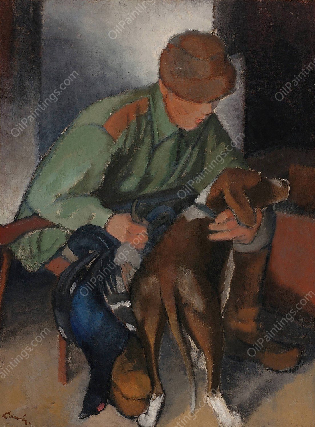 Hunter with His Hound  by Alvar Cawen - Hand-Painted Oil Painting Reproduction