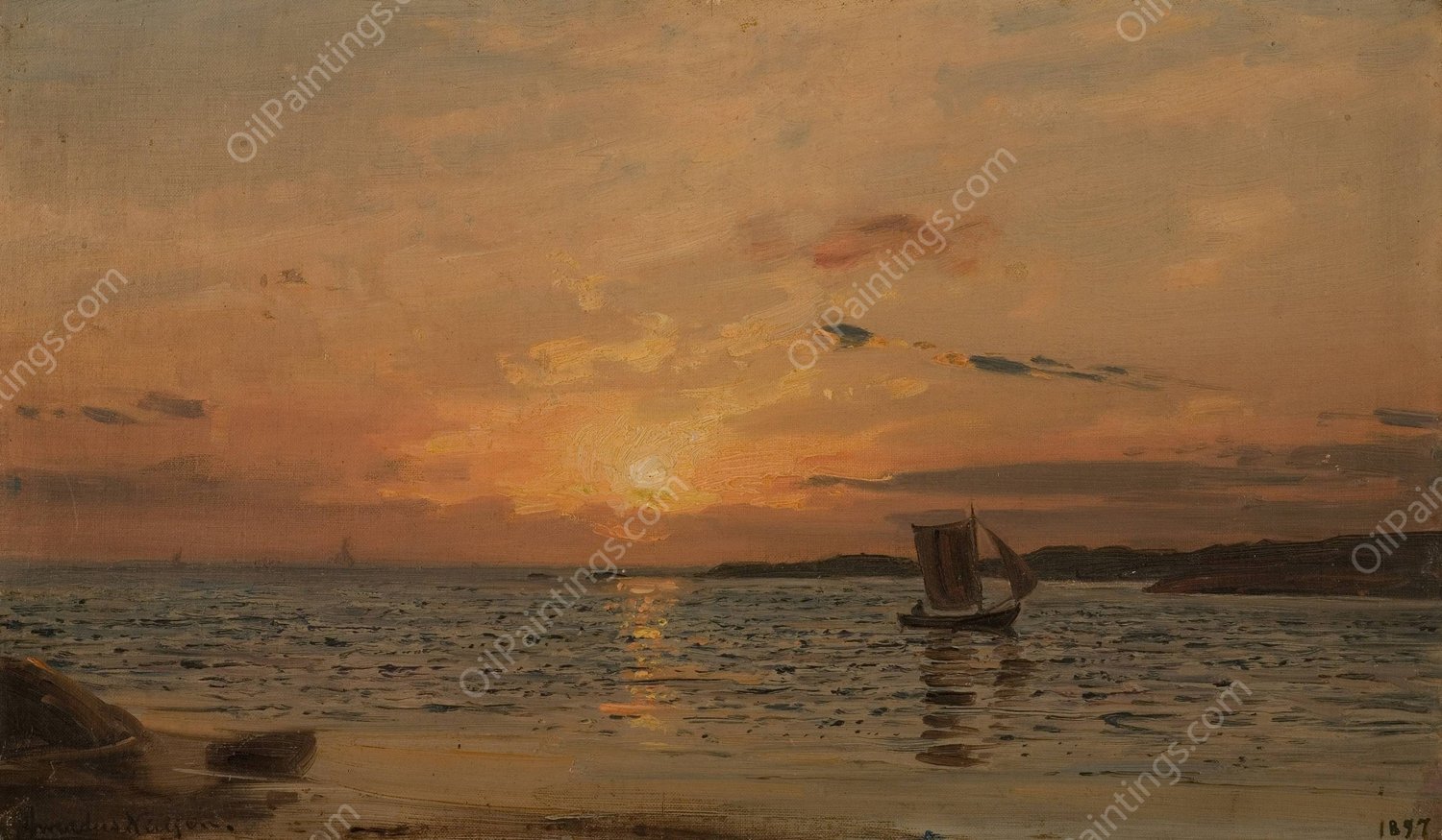 Solnedgang, Hvaler  by Amaldus Nielsen - Hand-Painted Oil Painting Reproduction