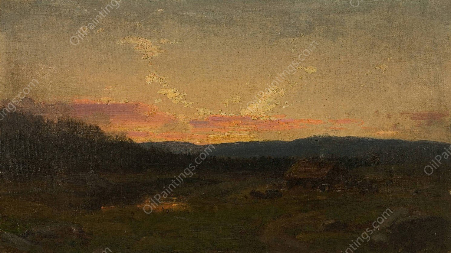 Solnedgang ved seteren  by Amaldus Nielsen - Hand-Painted Oil Painting Reproduction