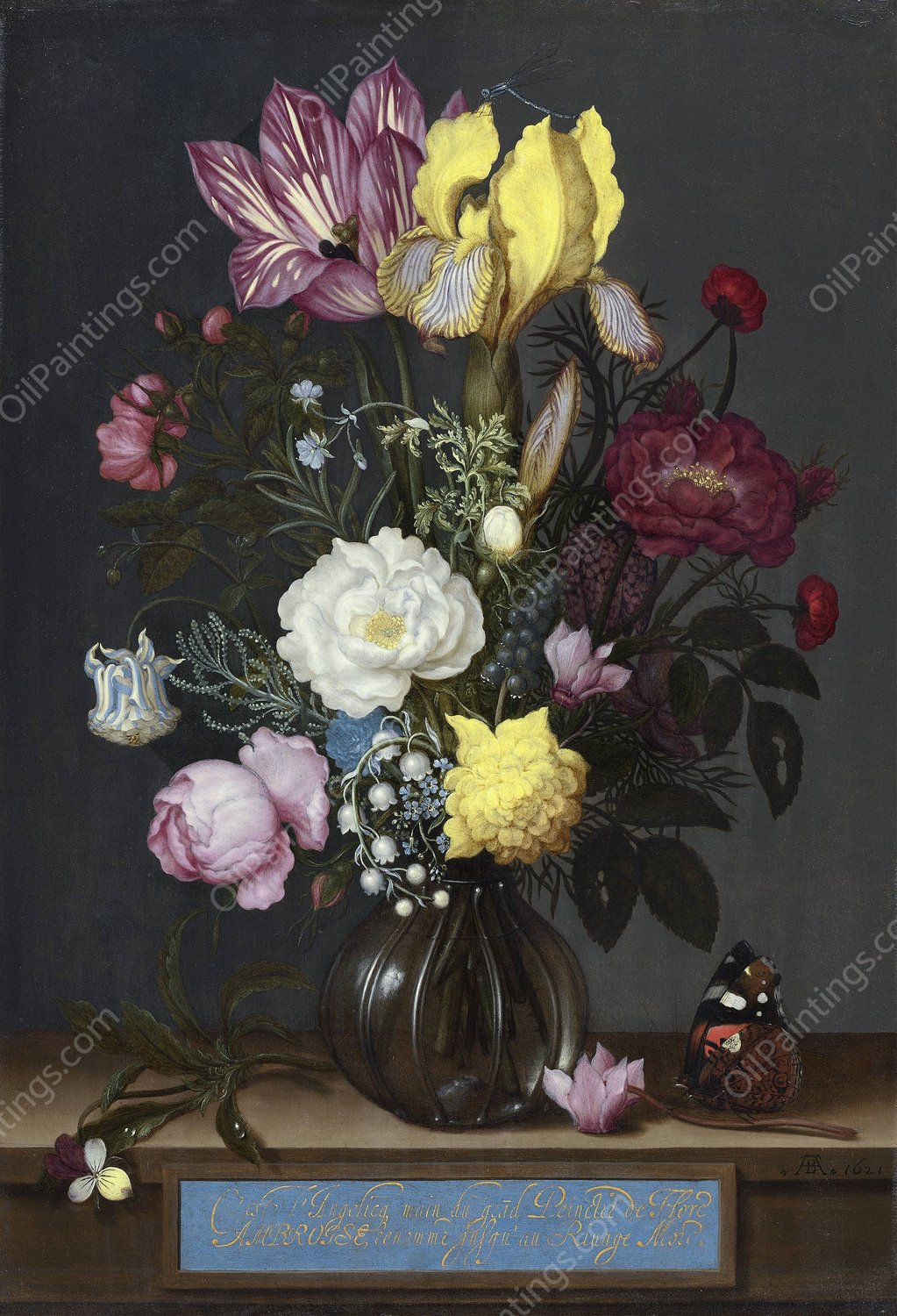 Bouquet of Flowers in a Glass Vase  by Ambrosius Bosschaert The Elder - Hand-Painted Oil Painting Reproduction