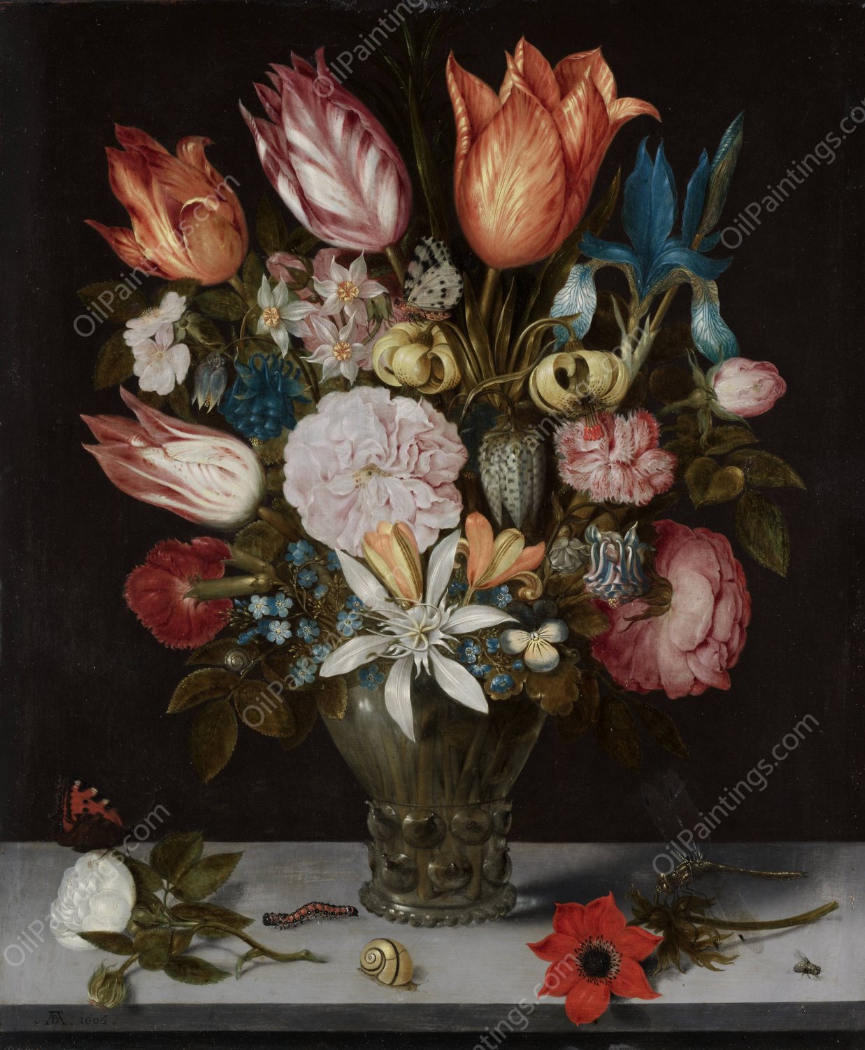Flowers in a Glass  by Ambrosius Bosschaert The Elder - Hand-Painted Oil Painting Reproduction
