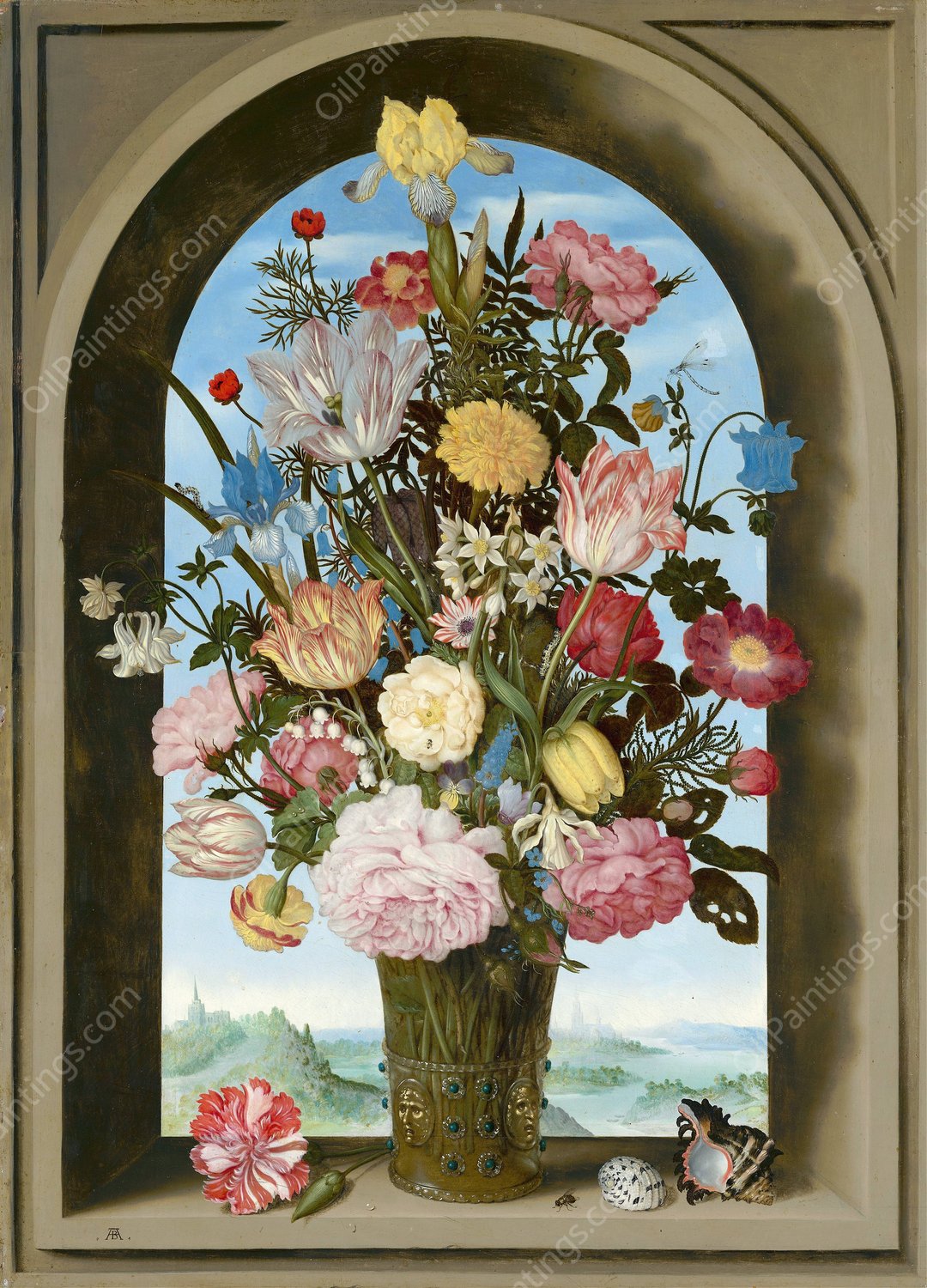 Vase of Flowers in a Window  by Ambrosius Bosschaert The Elder - Hand-Painted Oil Painting Reproduction