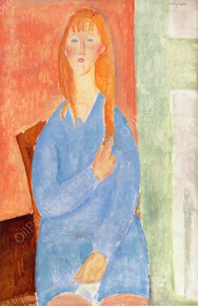 Seated Girl, Untied Hair also known as Girl in Blue by Amedeo Modigliani - Hand-Painted Oil Painting Reproduction