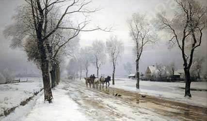 An Extensive Winter Landscape With a Horse and Cart by Anders Andersen-Lundby - Hand-Painted Oil Painting Reproduction
