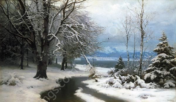 Winter Landscape with Brook and Sea by Anders Andersen-Lundby - Hand-Painted Oil Painting Reproduction