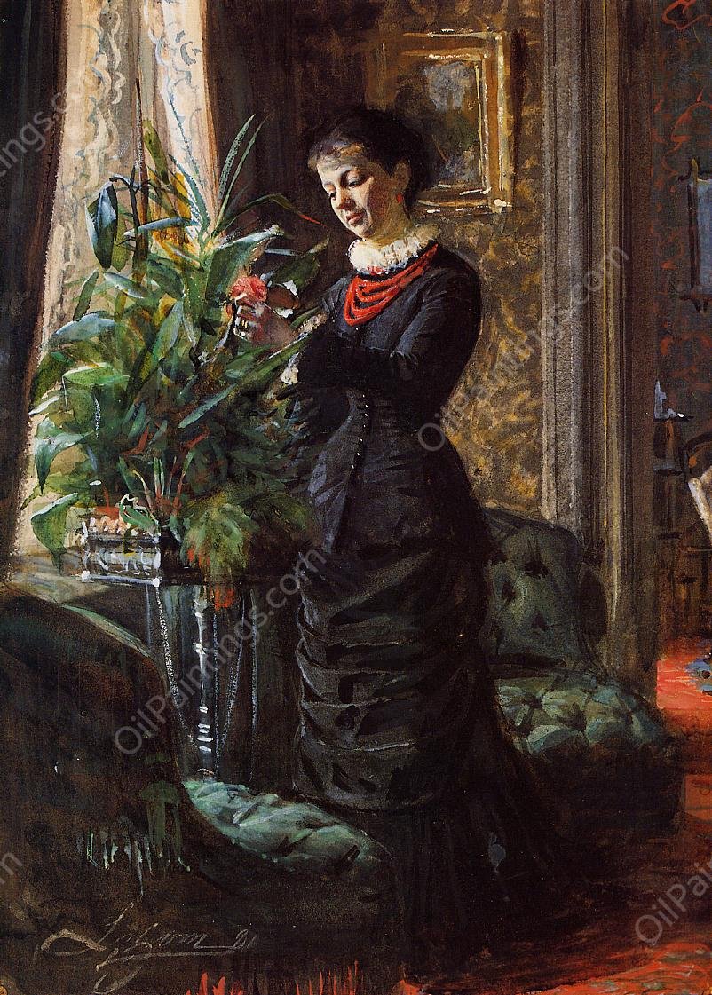 Portrait of Fru Lisen Samson, nee Hirsch, Arranging Flowers at a Window by Anders Zorn - Hand-Painted Oil Painting Reproduction