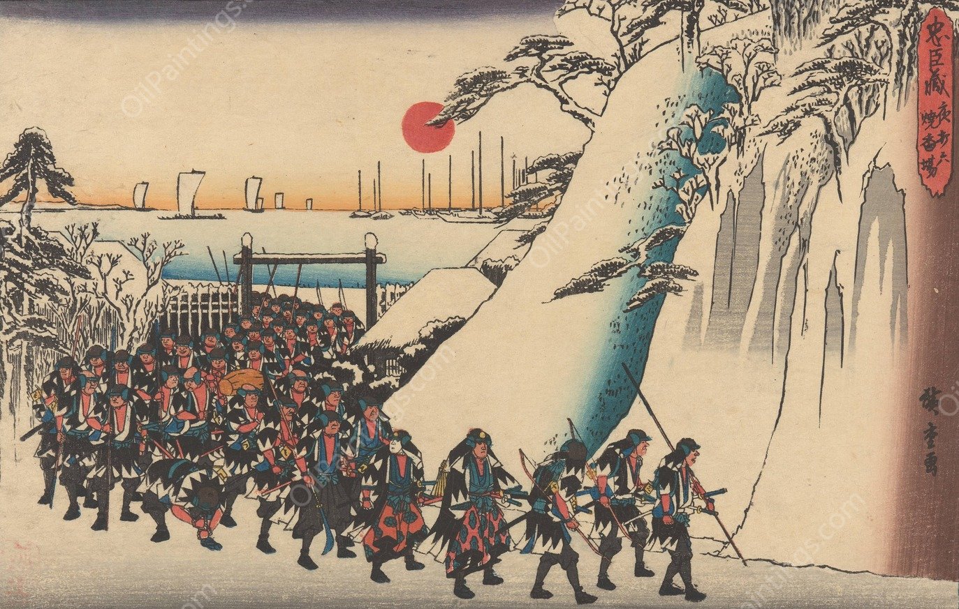 Army Rounding Hill in Snow  by Ando Hiroshige - Hand-Painted Oil Painting Reproduction