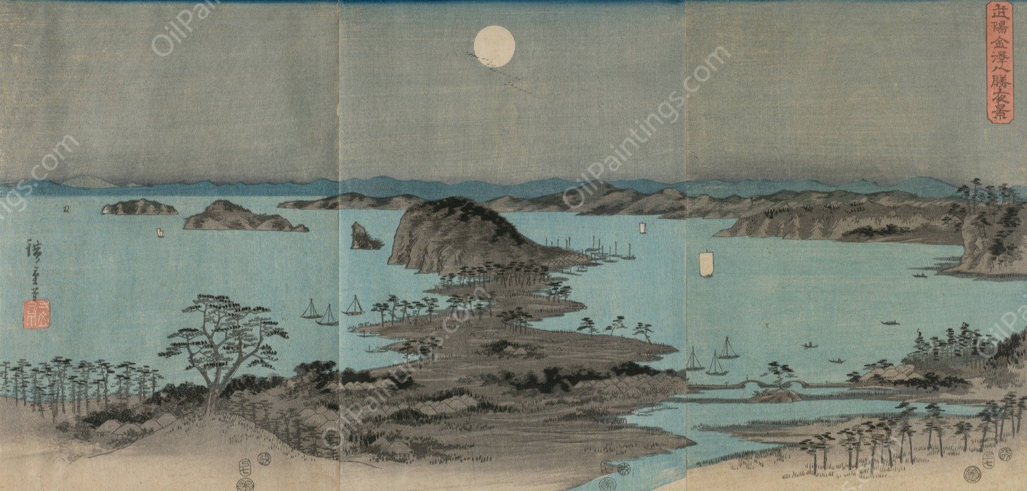 Eight Views of Kanazawa at Night  by Ando Hiroshige - Hand-Painted Oil Painting Reproduction