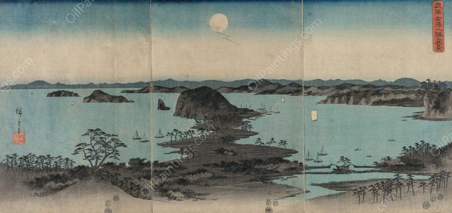 Eight Views of Kanazawa at Night  by Ando Hiroshige - Hand-Painted Oil Painting Reproduction