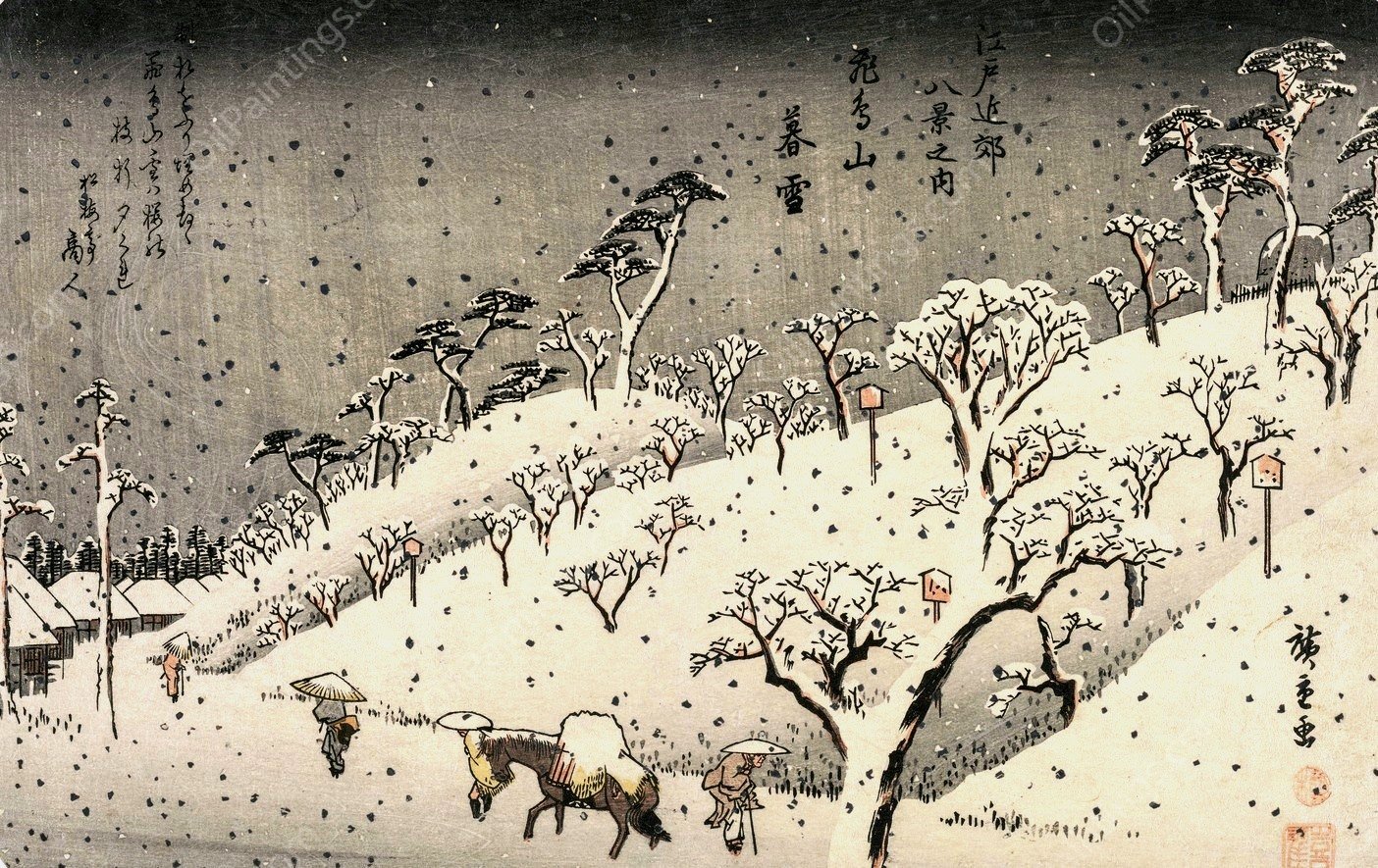 Evening Snow at Asuka Hill, from the series Eight Views of the Environs of Edo  by Ando Hiroshige - Hand-Painted Oil Painting Reproduction