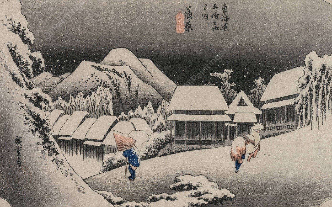 Evening Snow at Kambara  by Ando Hiroshige - Hand-Painted Oil Painting Reproduction