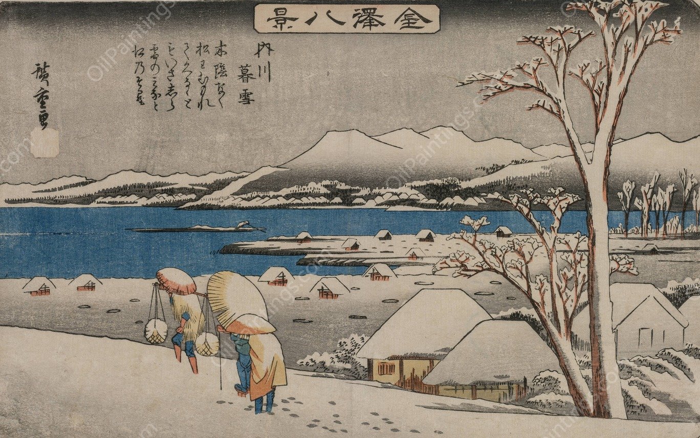 Evening Snow at Uchikawa, from the series Eight Views of Kanazawa  by Ando Hiroshige - Hand-Painted Oil Painting Reproduction