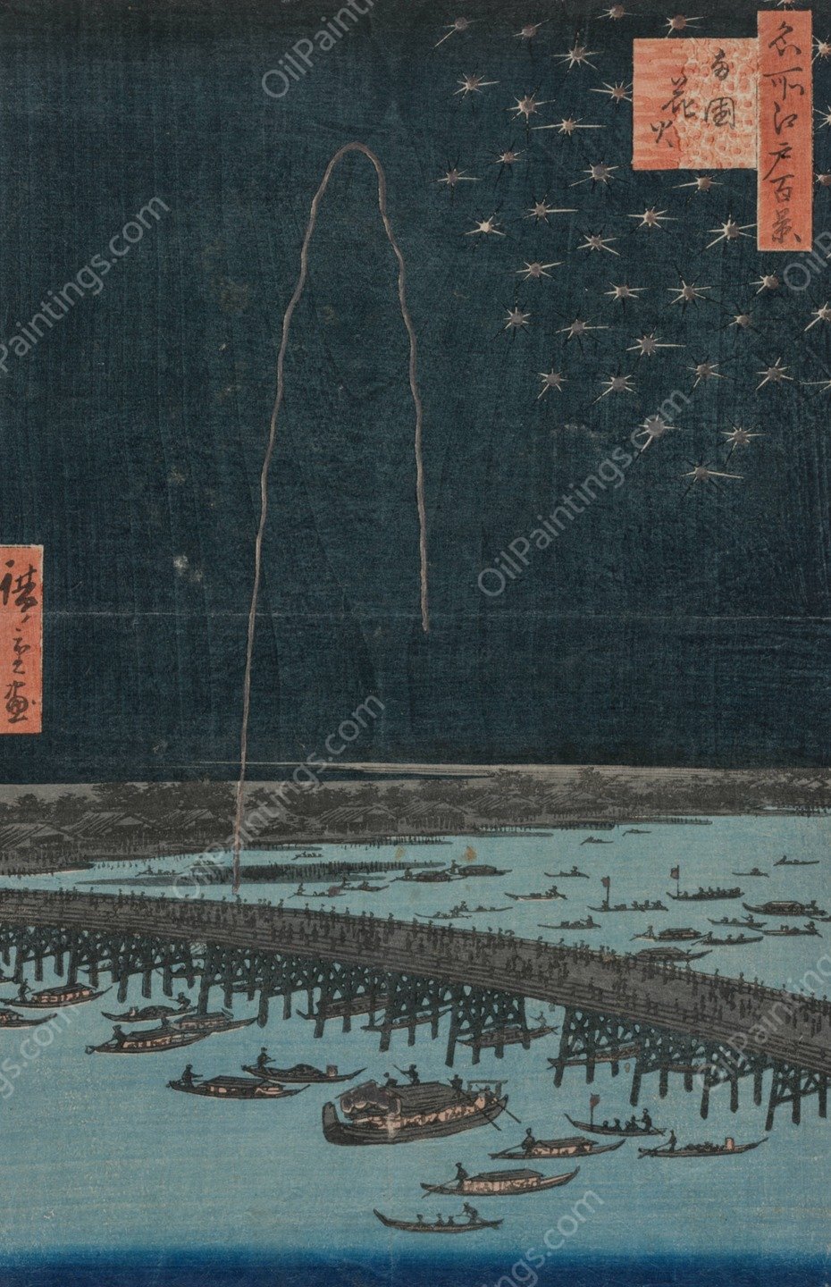 Fireworks at Ryogoku, from the series One Hundred Views of Famous Places in Edo  by Ando Hiroshige - Hand-Painted Oil Painting Reproduction