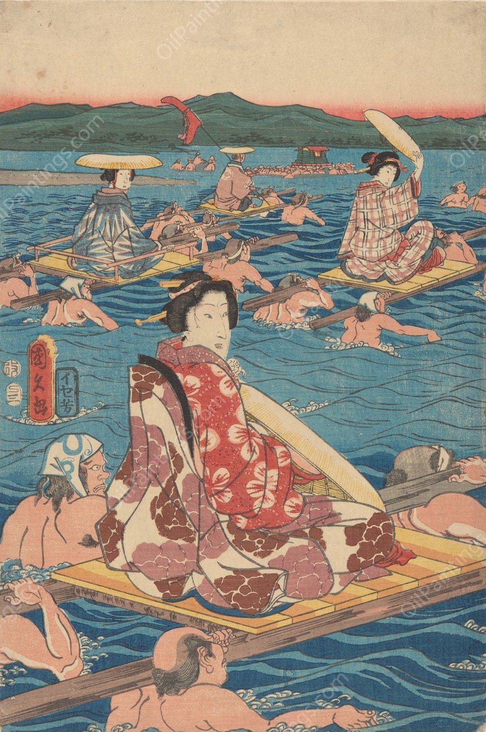 Fording a Broad River  by Ando Hiroshige - Hand-Painted Oil Painting Reproduction