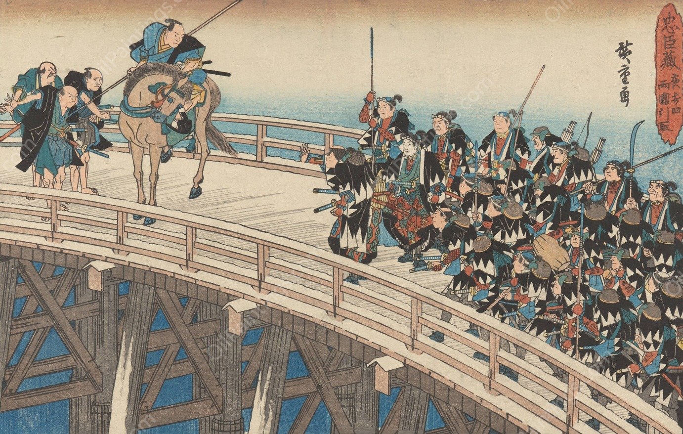 Gathering on the Bridge  by Ando Hiroshige - Hand-Painted Oil Painting Reproduction