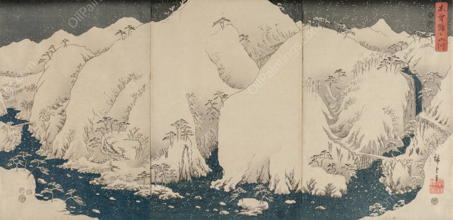 Mountain and River on the Kiso Road  by Ando Hiroshige - Hand-Painted Oil Painting Reproduction