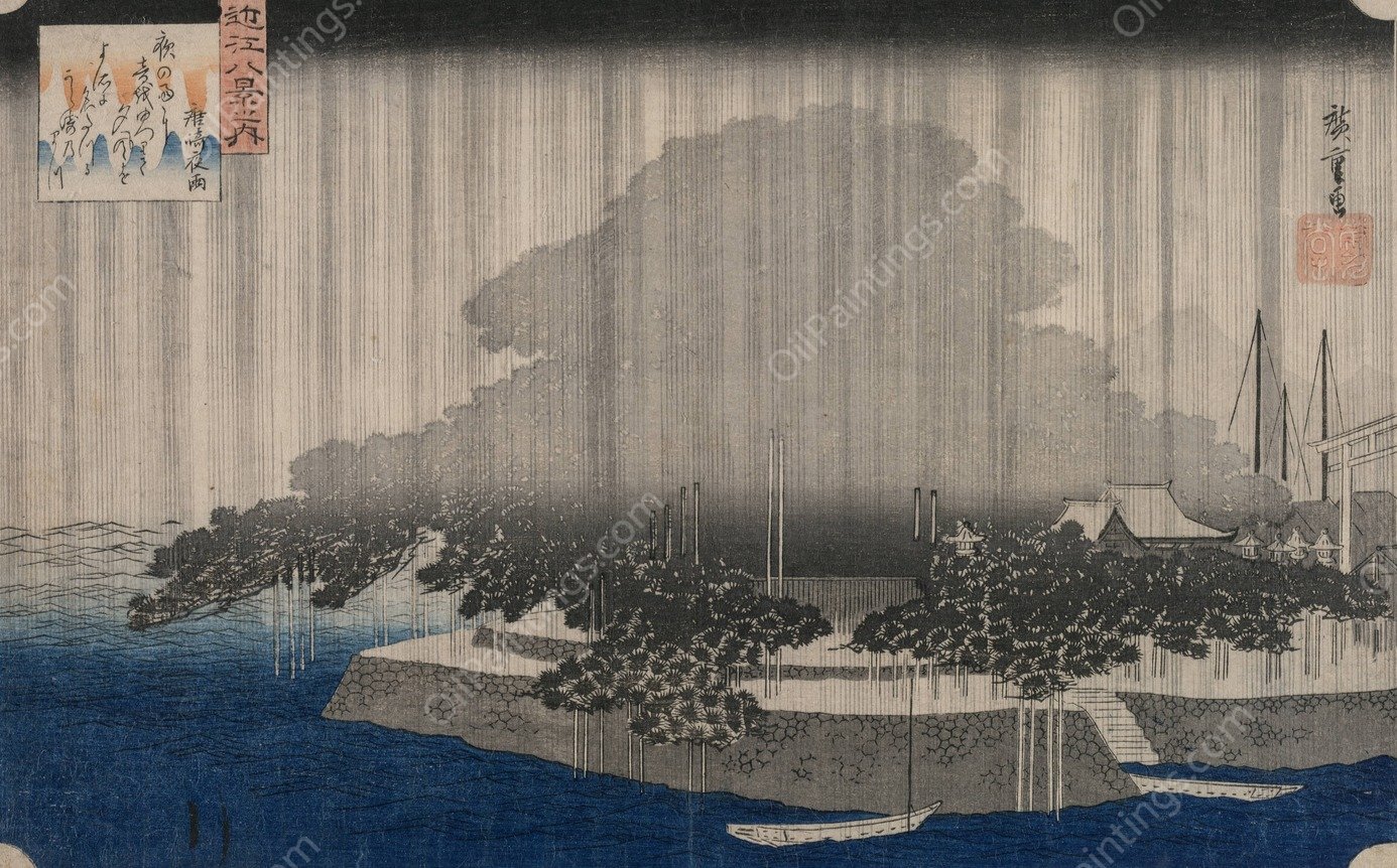 Night Rain at Karasaki, from the series Eight Views of Omi  by Ando Hiroshige - Hand-Painted Oil Painting Reproduction