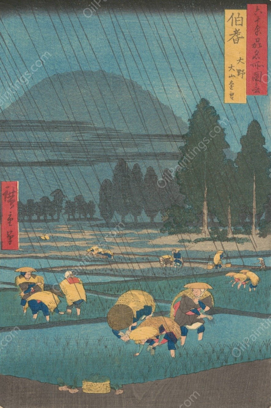 Rice Planting under Rain at Ono, Hoki Prefecture  by Ando Hiroshige - Hand-Painted Oil Painting Reproduction
