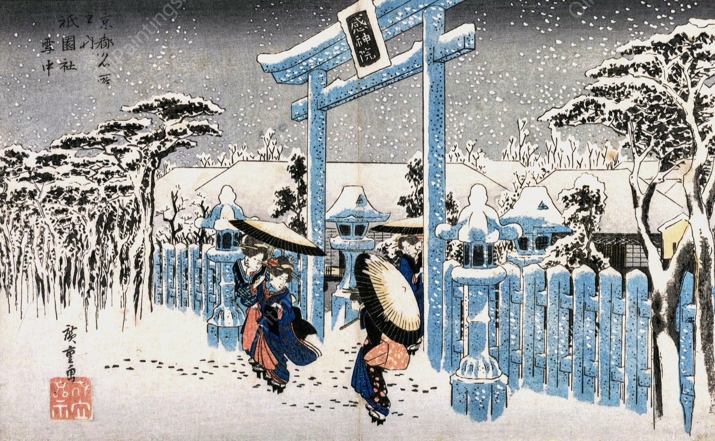 Snow at the Gion Shrine, from the series Famous Places in Kyoto  by Ando Hiroshige - Hand-Painted Oil Painting Reproduction