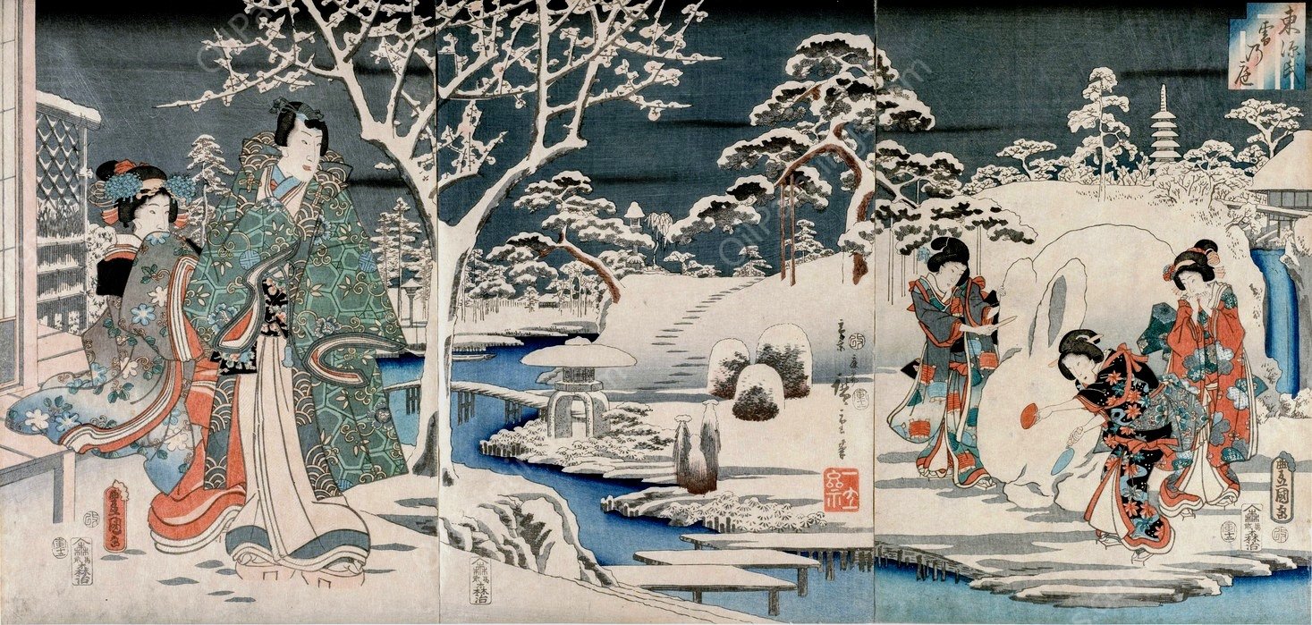 The Snowy Garden  by Ando Hiroshige - Hand-Painted Oil Painting Reproduction