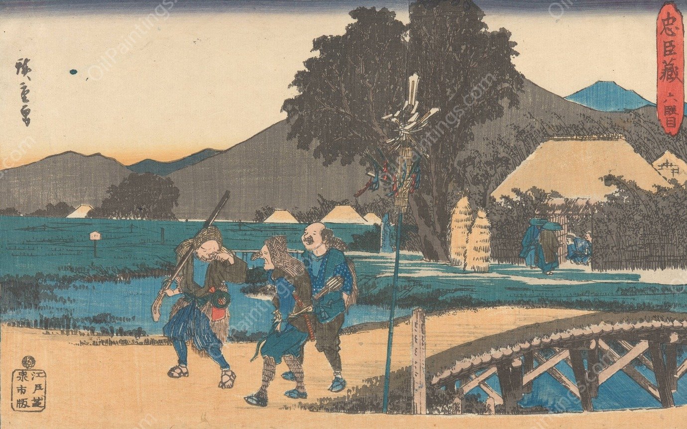 Three Ronin on Road  by Ando Hiroshige - Hand-Painted Oil Painting Reproduction
