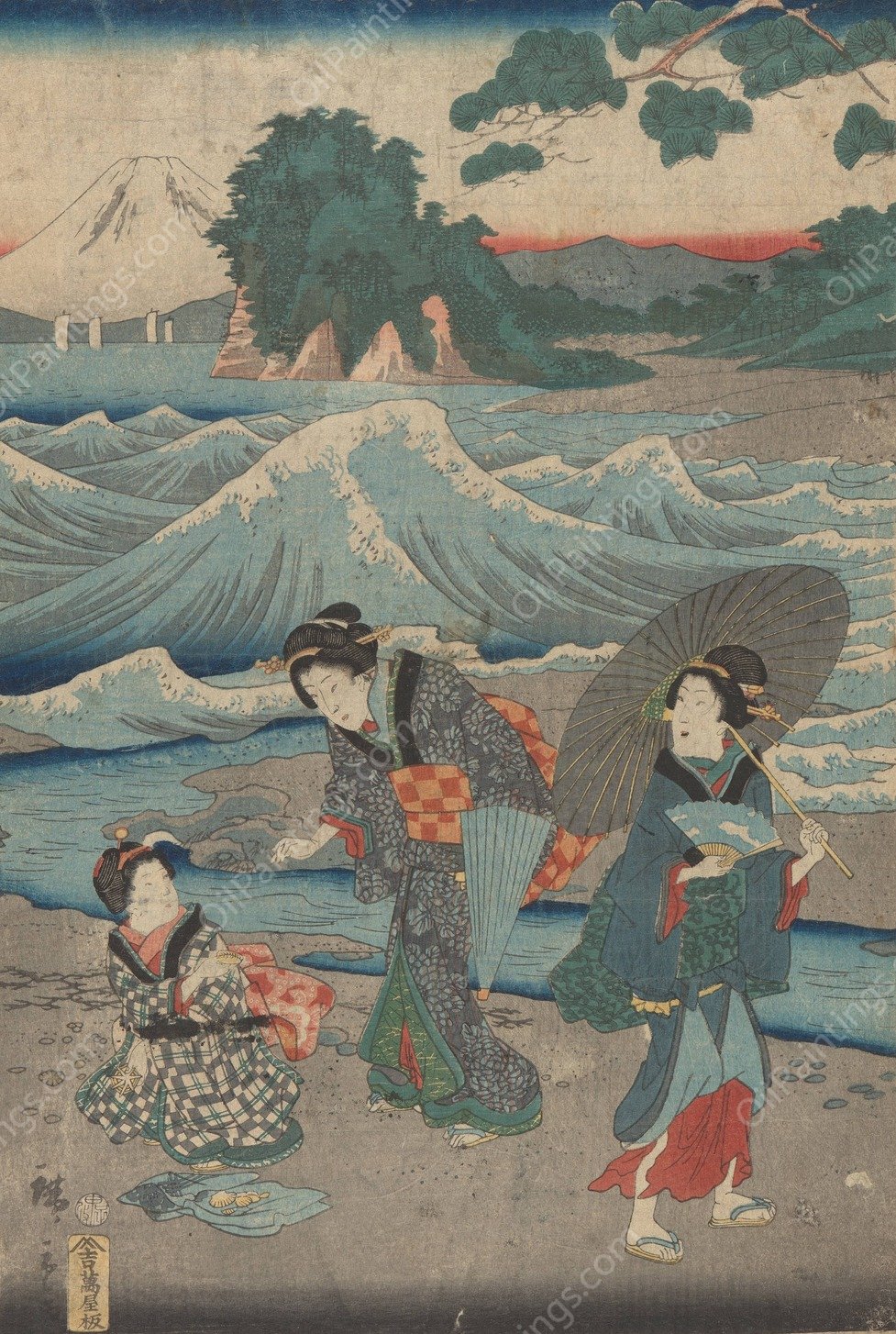 Three Women and Waves  by Ando Hiroshige - Hand-Painted Oil Painting Reproduction