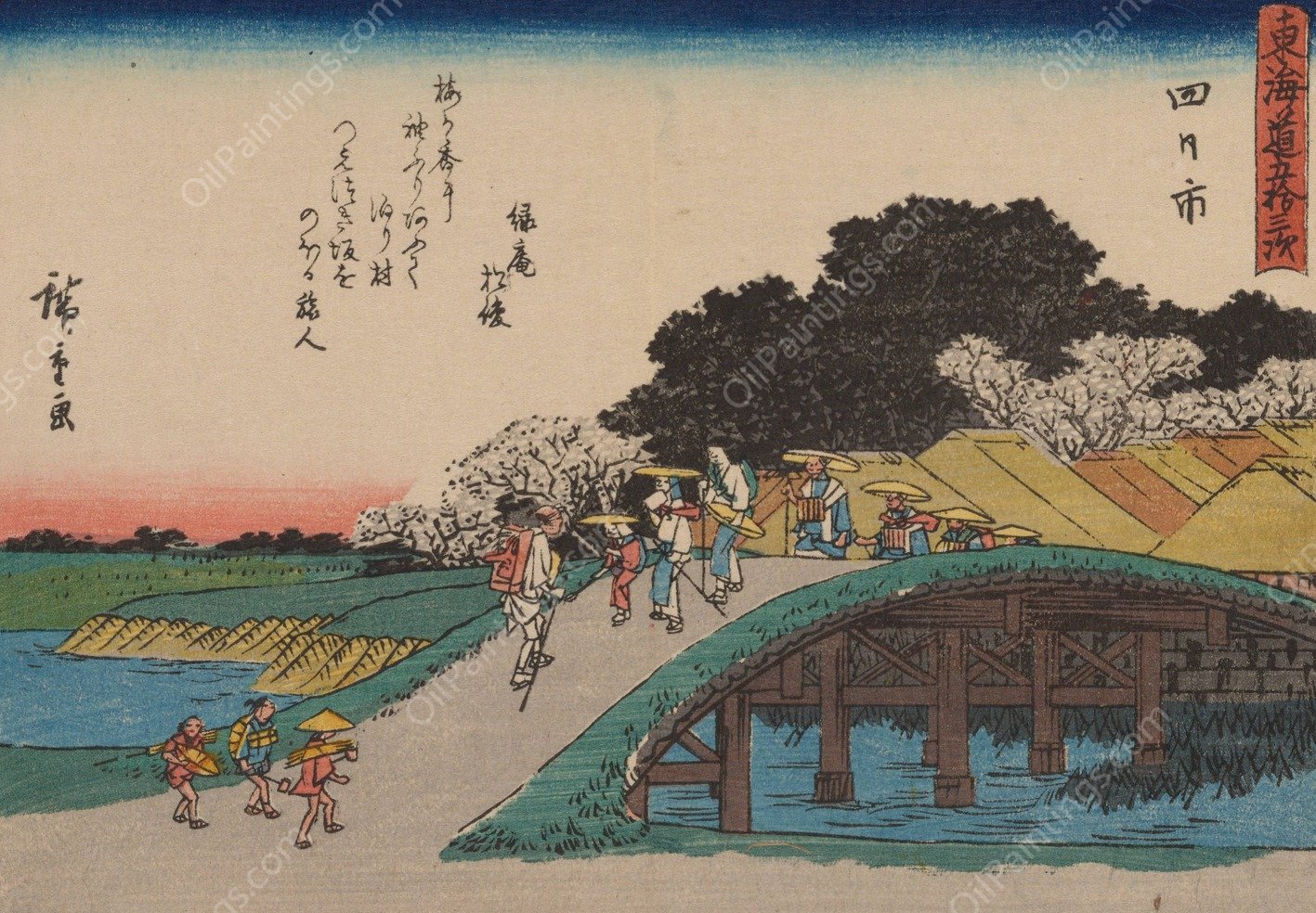Tokaido gojusantsugi, Pl.44  by Ando Hiroshige - Hand-Painted Oil Painting Reproduction