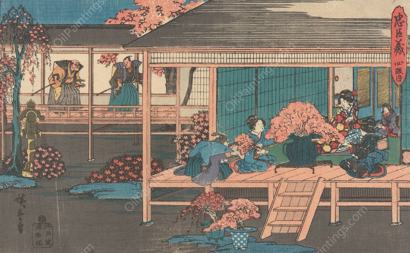 Two Ronin Looking into Yoshiwara  by Ando Hiroshige - Hand-Painted Oil Painting Reproduction