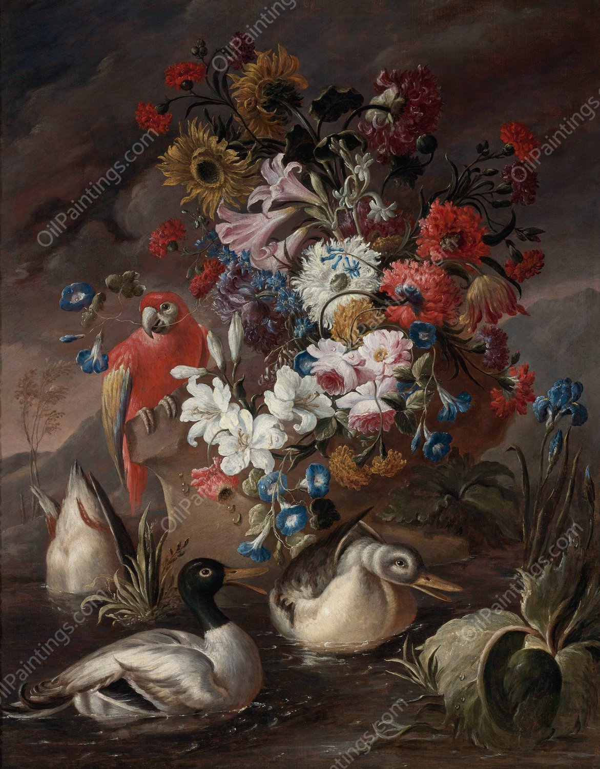 Floral Still Life With A Parrot And Ducks by Andrea Belvedere - Hand-Painted Oil Painting Reproduction
