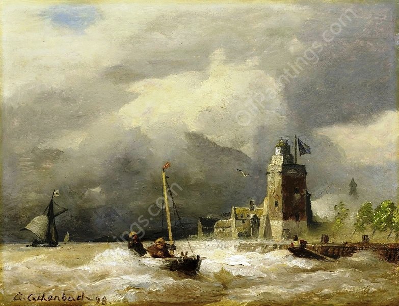 Rough Seas at the Dutch Coast by Andreas Achenbach - Hand-Painted Oil Painting Reproduction
