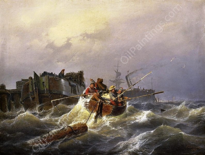 Rowing Boat in a Harbor by Andreas Achenbach - Hand-Painted Oil Painting Reproduction