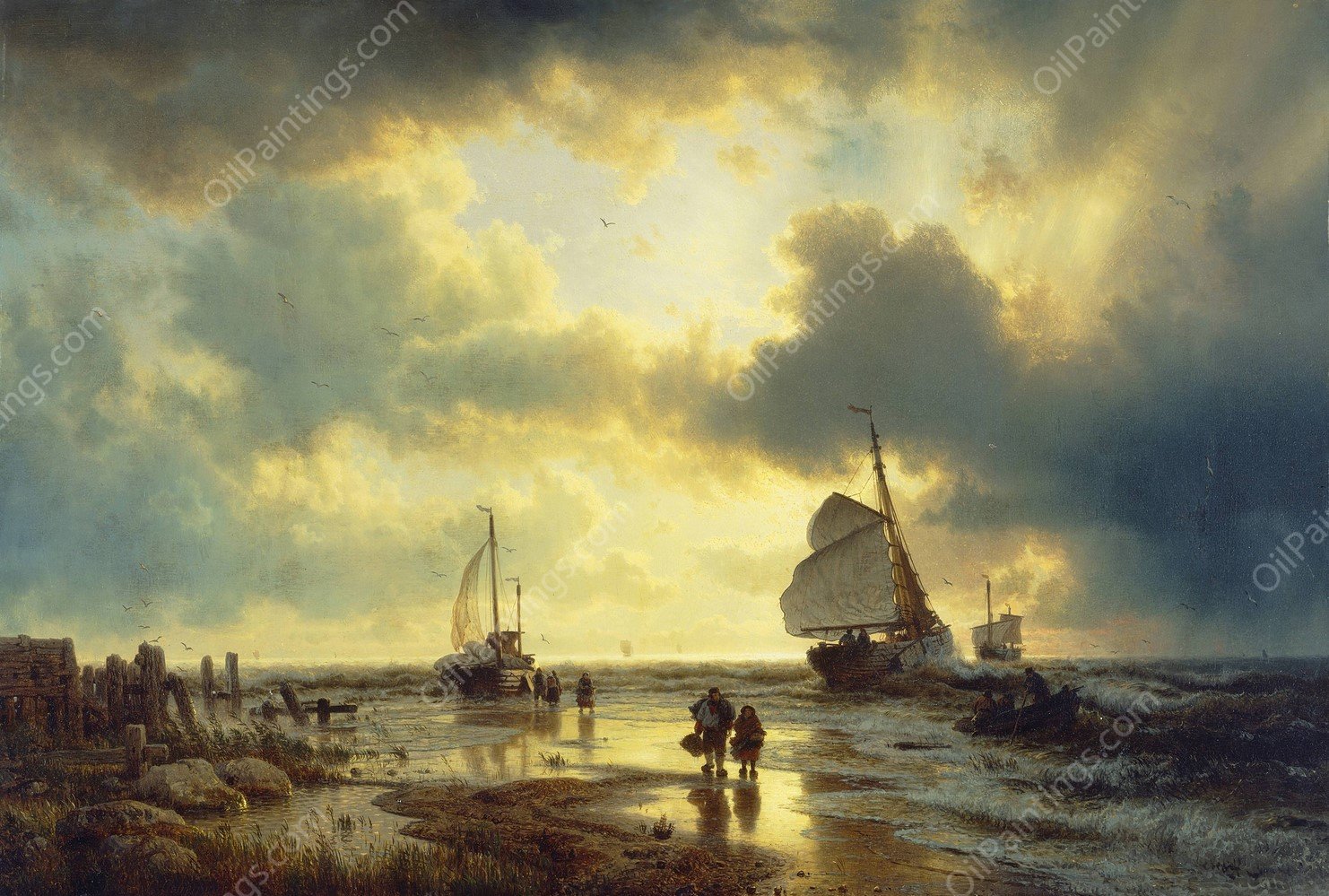 The Ebb-tide  by Andreas Achenbach - Hand-Painted Oil Painting Reproduction
