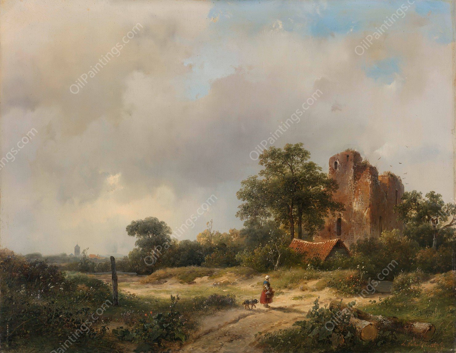 Landscape with the Ruins of Brederode Castle in Santpoort  by Andreas Schelfhout - Hand-Painted Oil Painting Reproduction