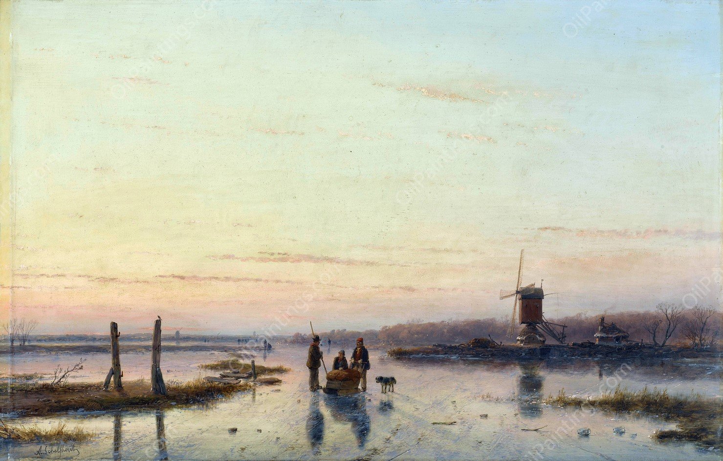 Windmill beside a frozen river  by Andreas Schelfhout - Hand-Painted Oil Painting Reproduction
