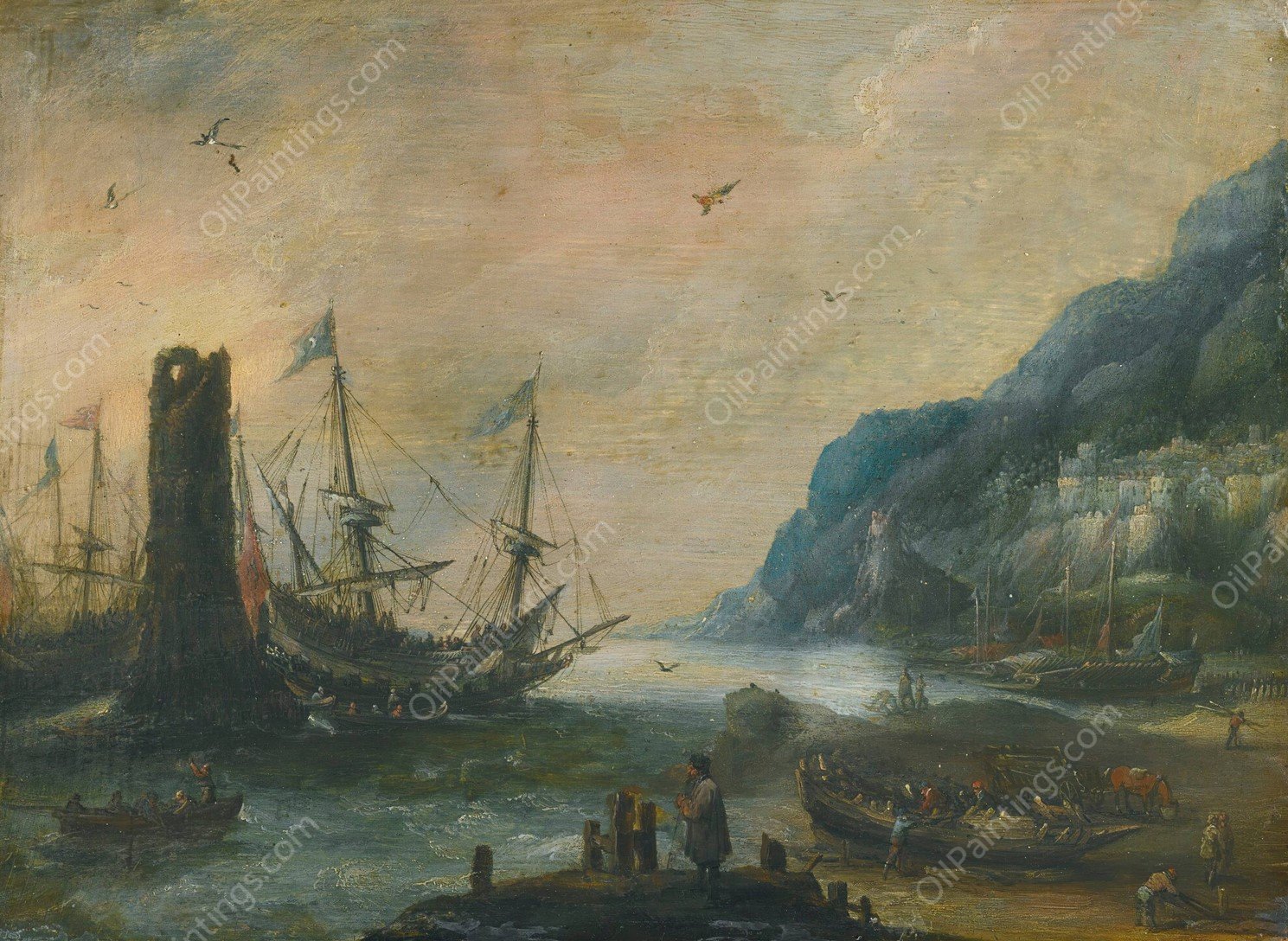 A mediterranean coastal scene with a tower, ships, and figures on the shore by Andries Van Eertvelt - Hand-Painted Oil Painting Reproduction