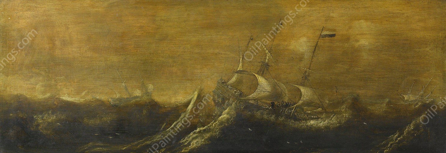 Ships in a Storm  by Andries Van Eertvelt - Hand-Painted Oil Painting Reproduction