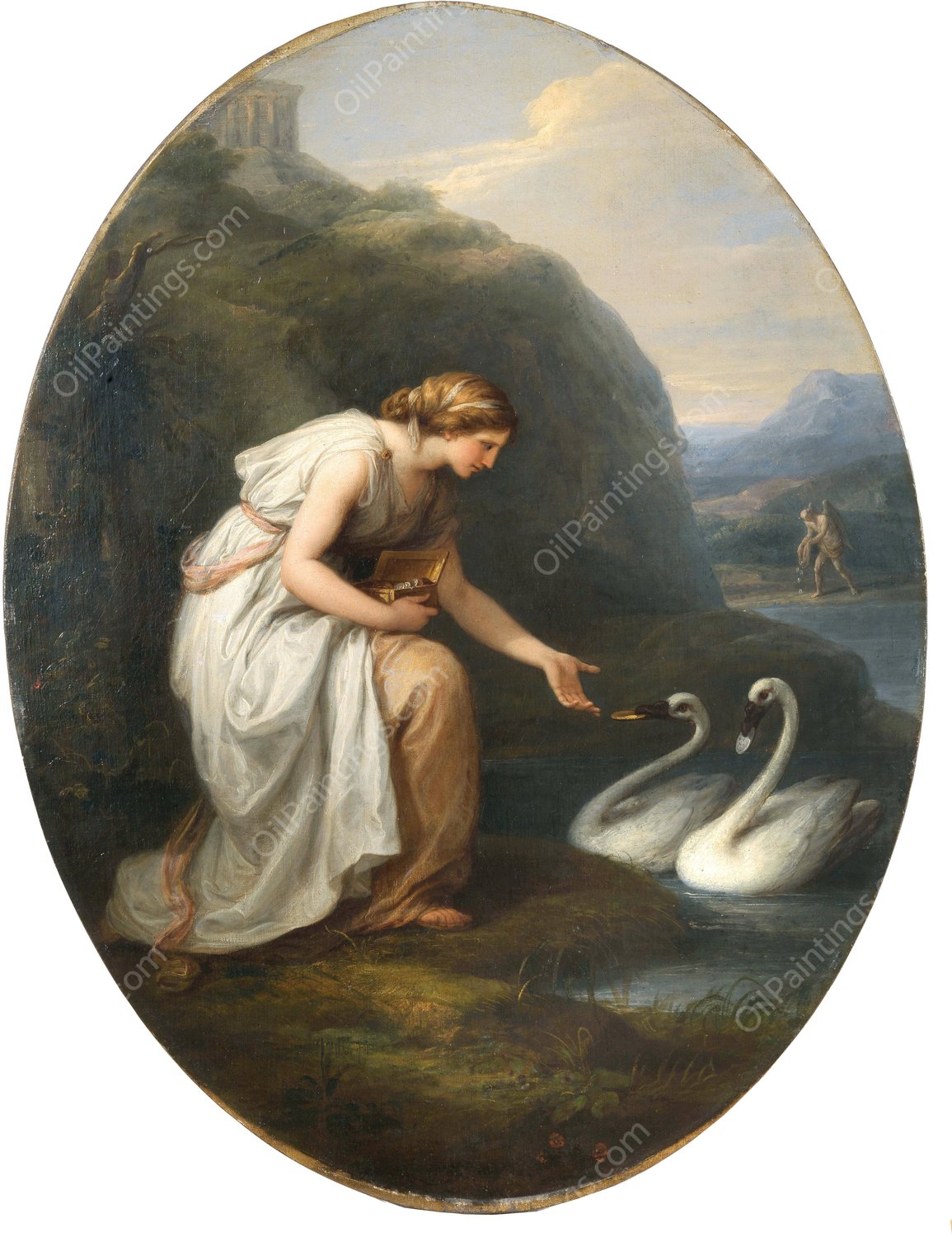 Immortalia, the nymph of immortality, receiving nameplates from two swans by Angelica Kauffmann - Hand-Painted Oil Painting Reproduction