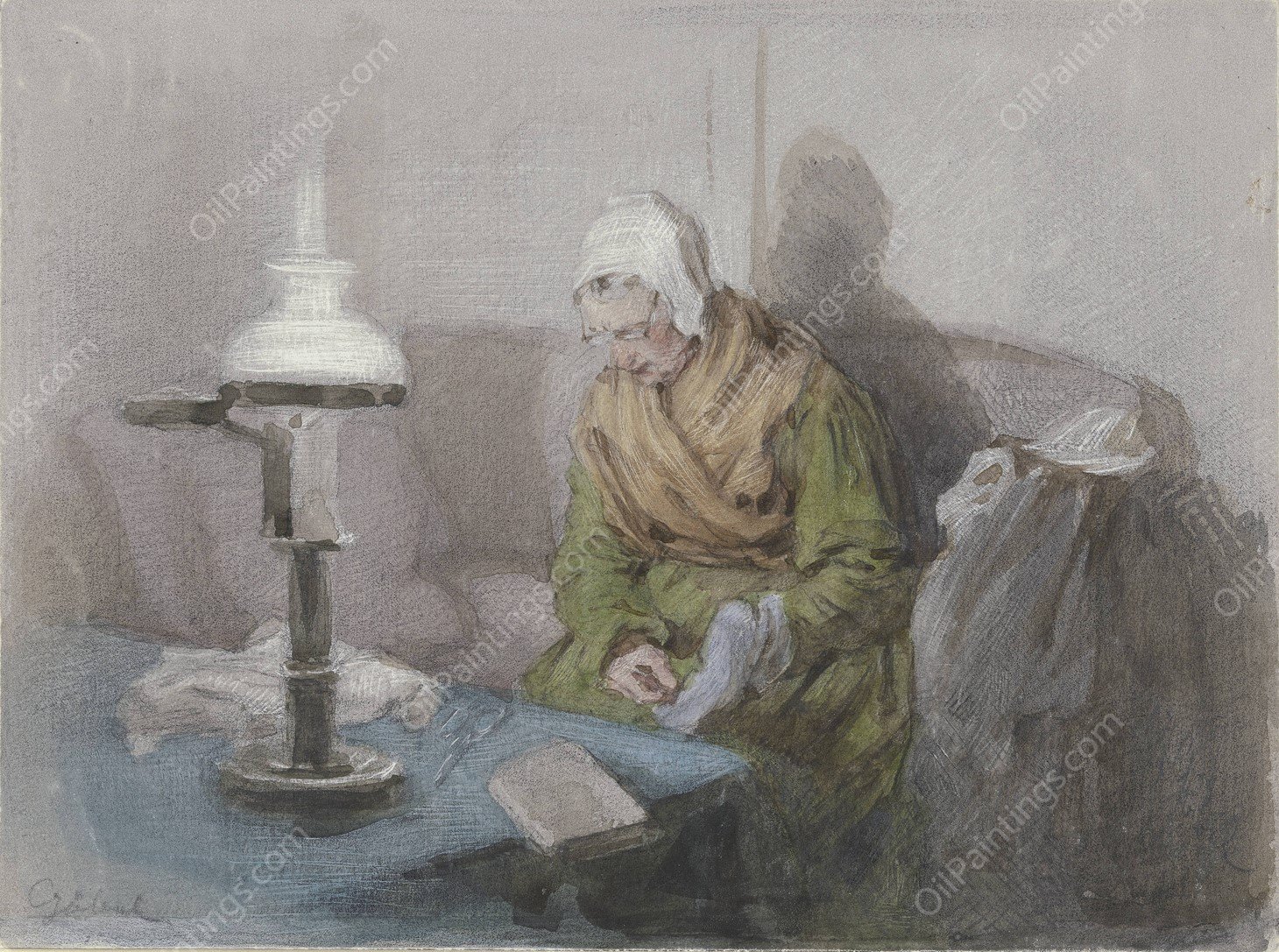 Alte Frau bei Lampenlicht  by Angilbert Gobel - Hand-Painted Oil Painting Reproduction