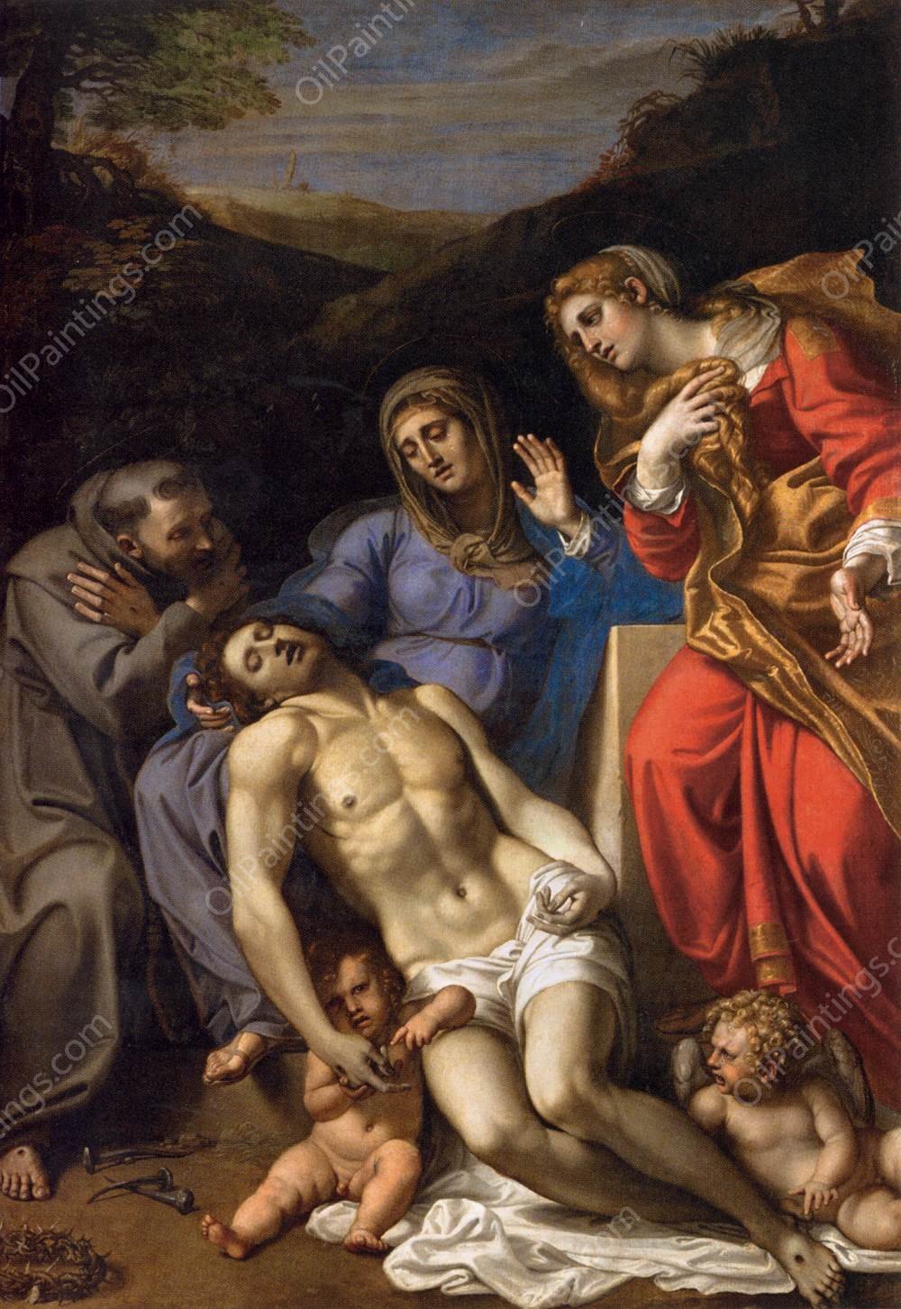 Pieta with Sts Francis and Mary Magdalene by Annibale Carracci - Hand-Painted Oil Painting Reproduction