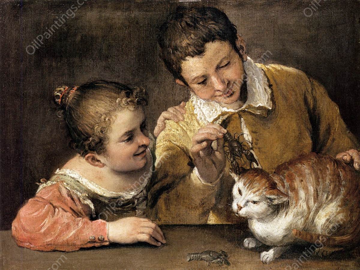 Two Children Teasing a Cat by Annibale Carracci - Hand-Painted Oil Painting Reproduction