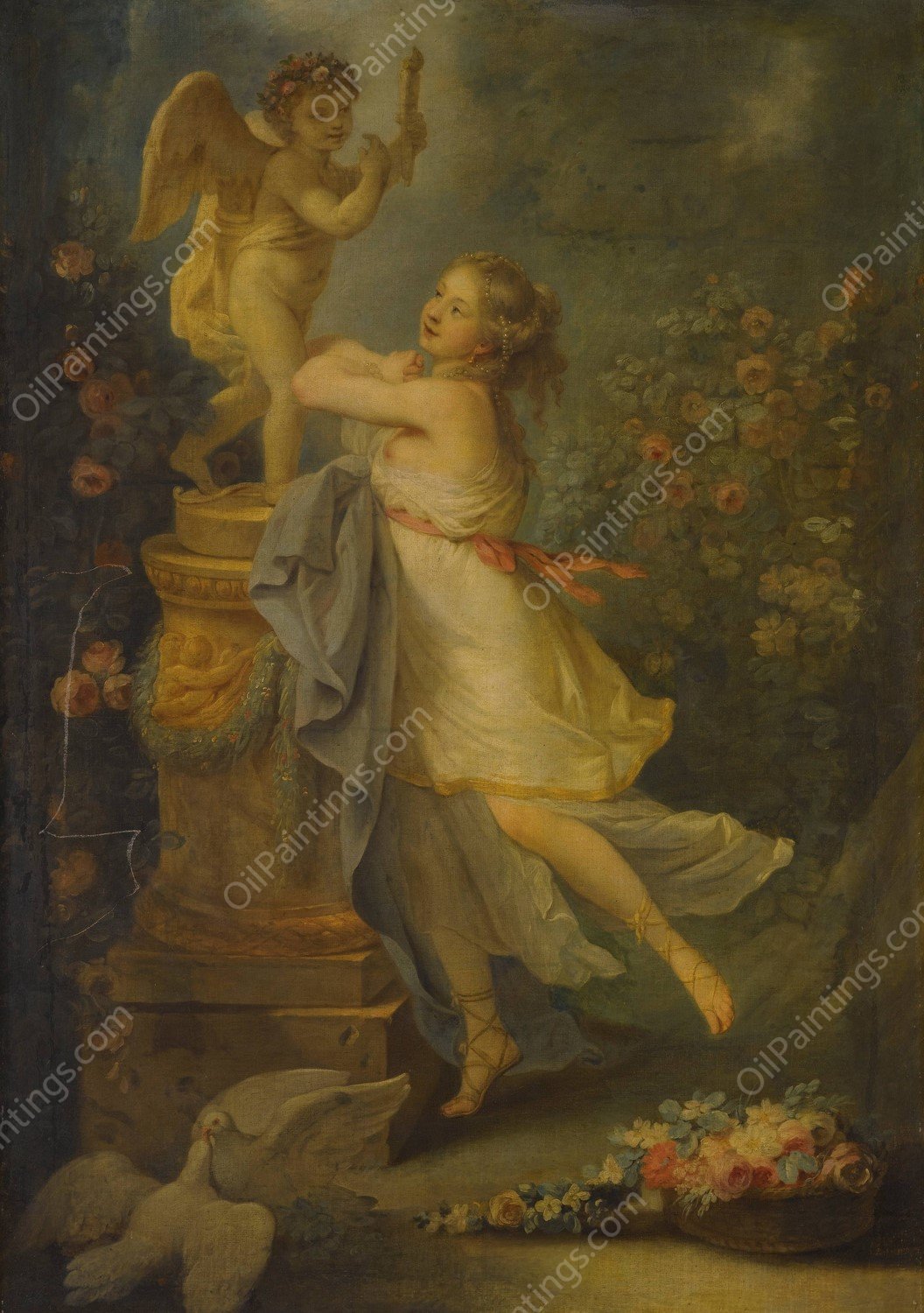A Young Lady Before A Statue Of Cupid by Antoine-Francois Callet - Hand-Painted Oil Painting Reproduction