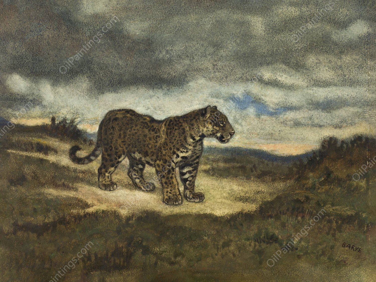 Jaguar Standing  by Antoine-Louis Barye - Hand-Painted Oil Painting Reproduction