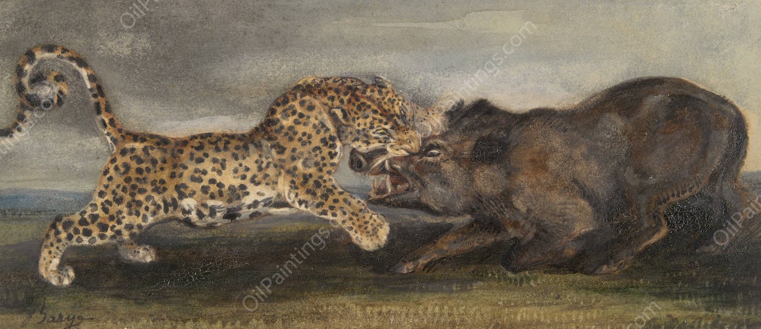Leopard aux prises avec un sanglier  by Antoine-Louis Barye - Hand-Painted Oil Painting Reproduction