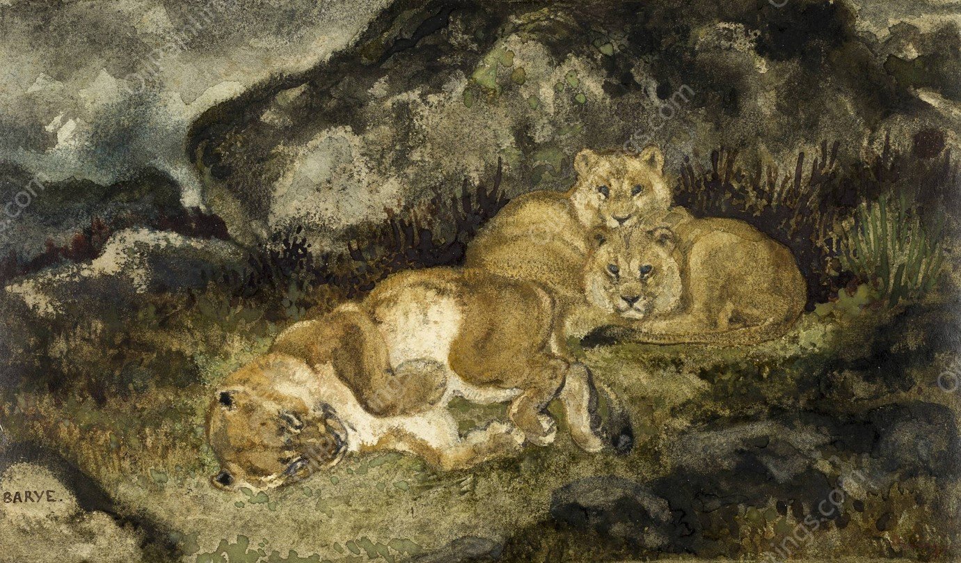 Lioness and Cubs  by Antoine-Louis Barye - Hand-Painted Oil Painting Reproduction